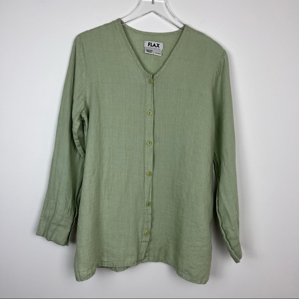 FLAX Green Linen Long Sleeve V Neck Button Up Shirt Small